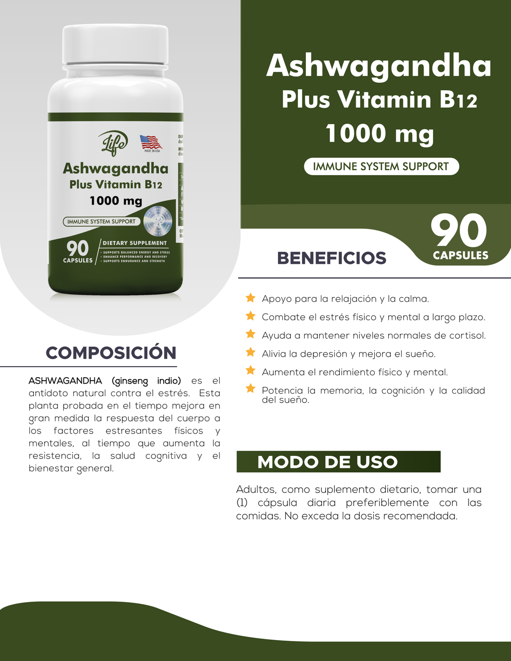 ASHAWAGANDA (BODEGA E) (GINSENG INDIO) + B12 X 90 CAPSULAS