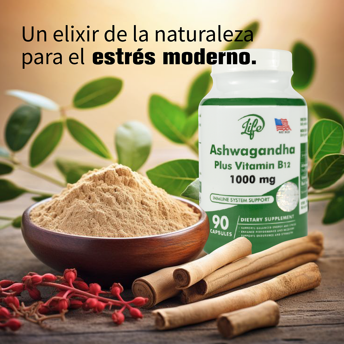 ASHAWAGANDA (BODEGA E) (GINSENG INDIO) + B12 X 90 CAPSULAS